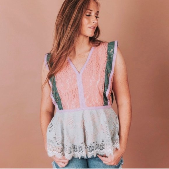 Sugarlips Tops - Sugar Lips Color block Lace Peplum Top